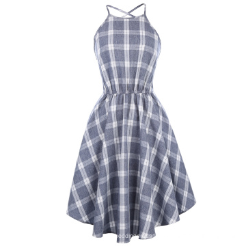 Kate Kasin Sexy Womens Grid Pattern Cross Back Irrégulier Hem Elastic Waist A-Line 50s Retro Dress KK000642-1